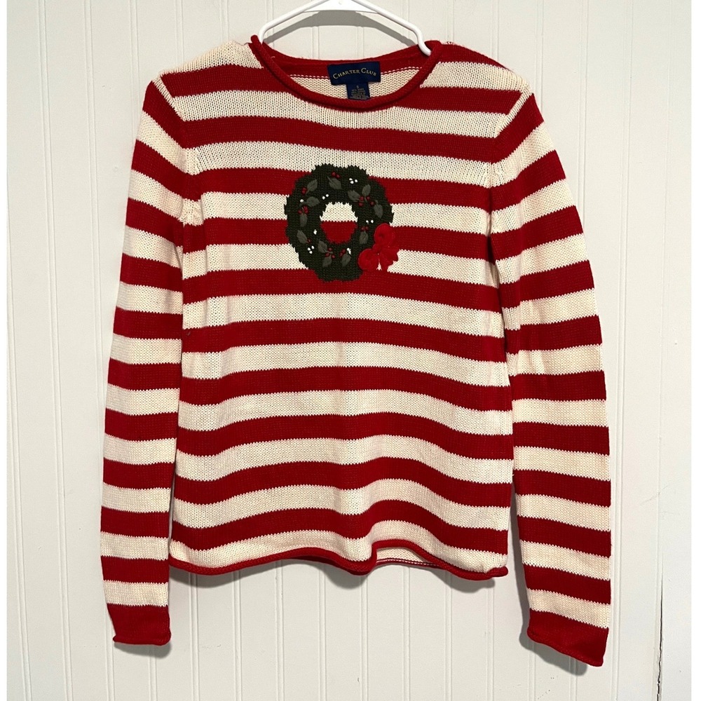 Charter Club Christmas Sweater Womens S Red Striped Wreath Holiday